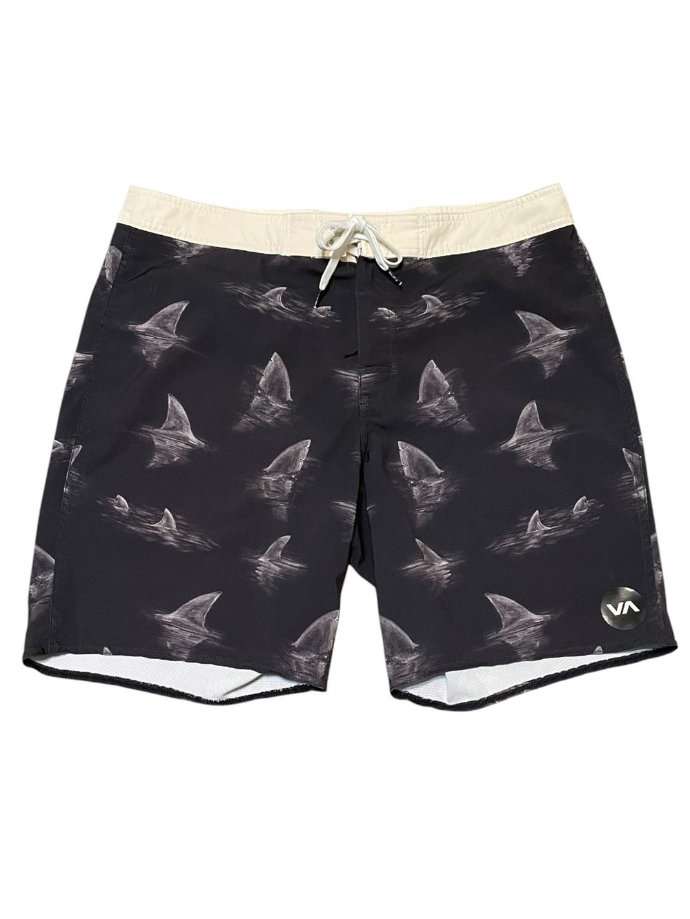 Men's RVCA Industry Shark Fin Print Board Shorts Black Antique White Size 36